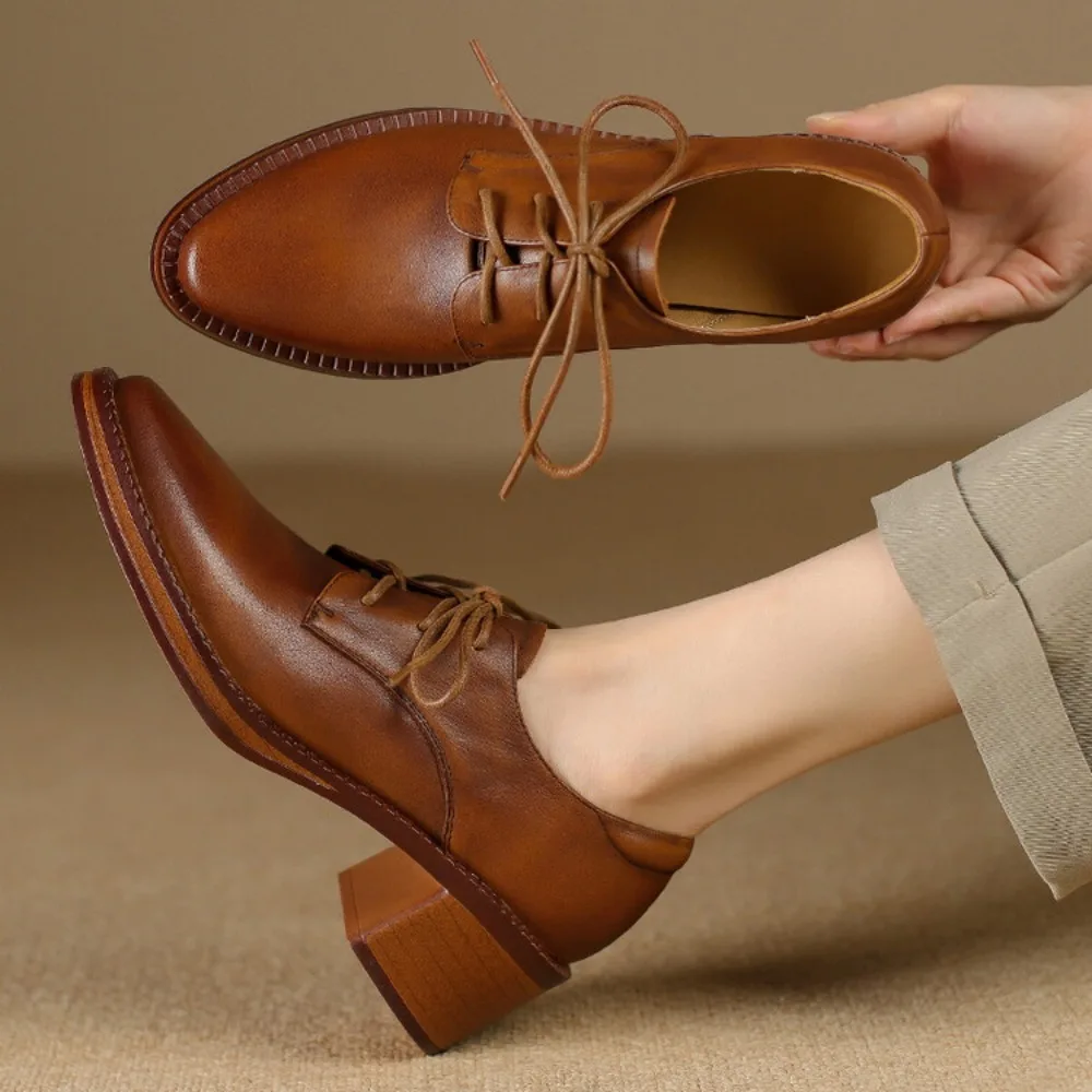 Women's Pumps Brogue Shoe Vintage Chunky Heel Pointed Toe Oxford Shoes Woman Lace Up Female Fashion Elegant Ladies Bare Boots image 3