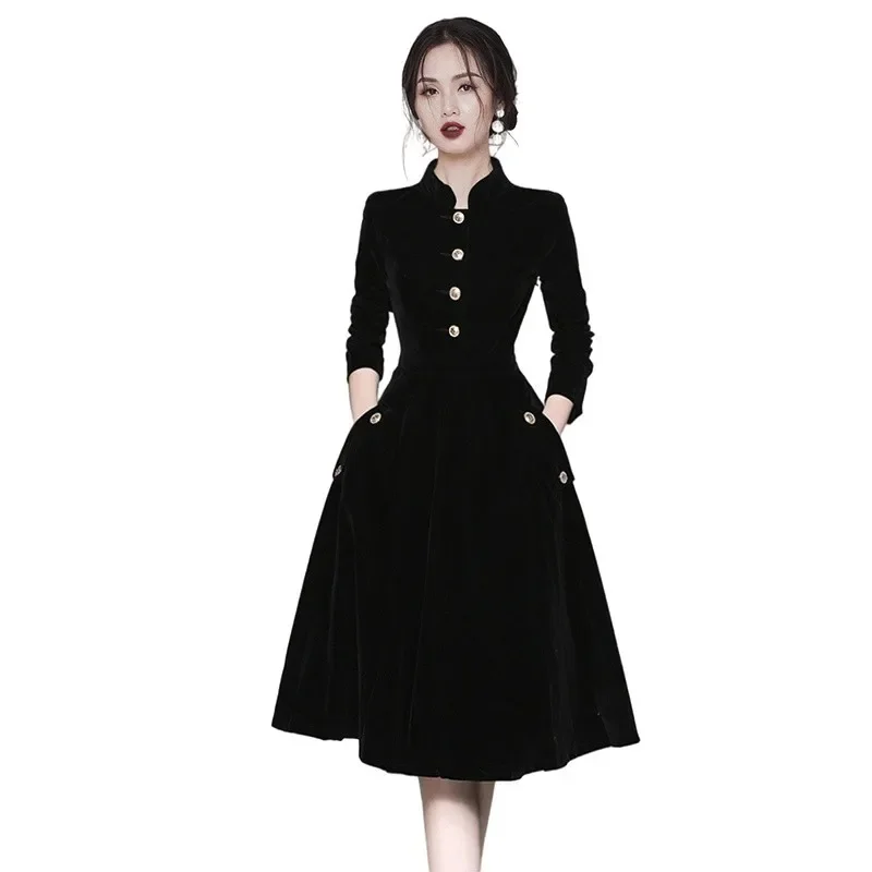 Hebon Vintage Large Sweep Dress Women's Fashion 2023 Spring New Socialite Style Stand Collar Dress Cross-border Design