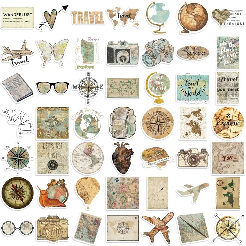 10/30/50PCS Vintage Travel Map PVC Sticker Aesthetic Children's Decoration Scrapbooking Supplies Hand Accounting for Kids