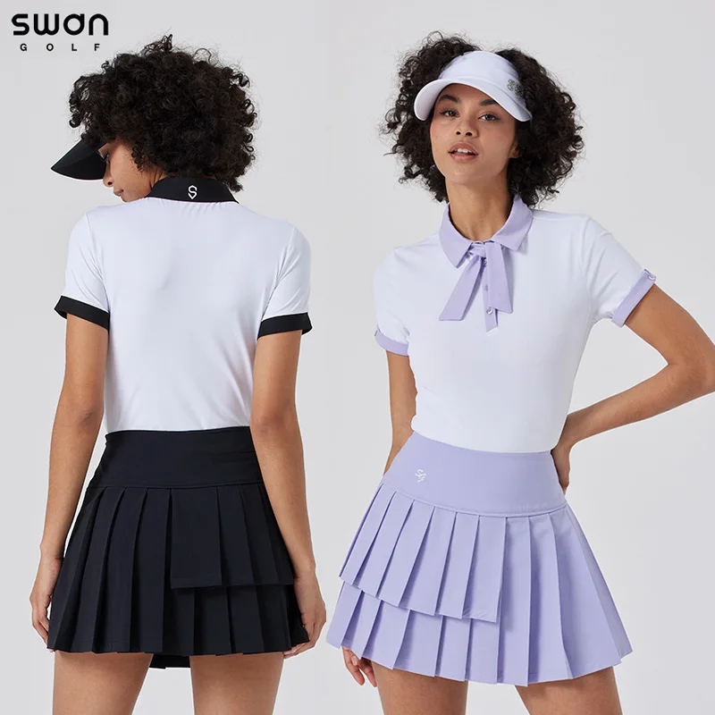 

SG Women Short-sleeved Golf Shirt Bow Tie Tops Summer Slim T-shirt Female Anti-exposure Golf Skirt Elastic Pleated Culottes Sets