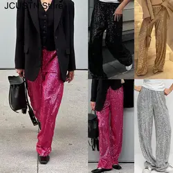 Women Hot Pink Bling Trousers Fashion Shiny Sequin Long Pants Y2K Chic Wide Leg Straight Pants Clubwear Bling Trousers