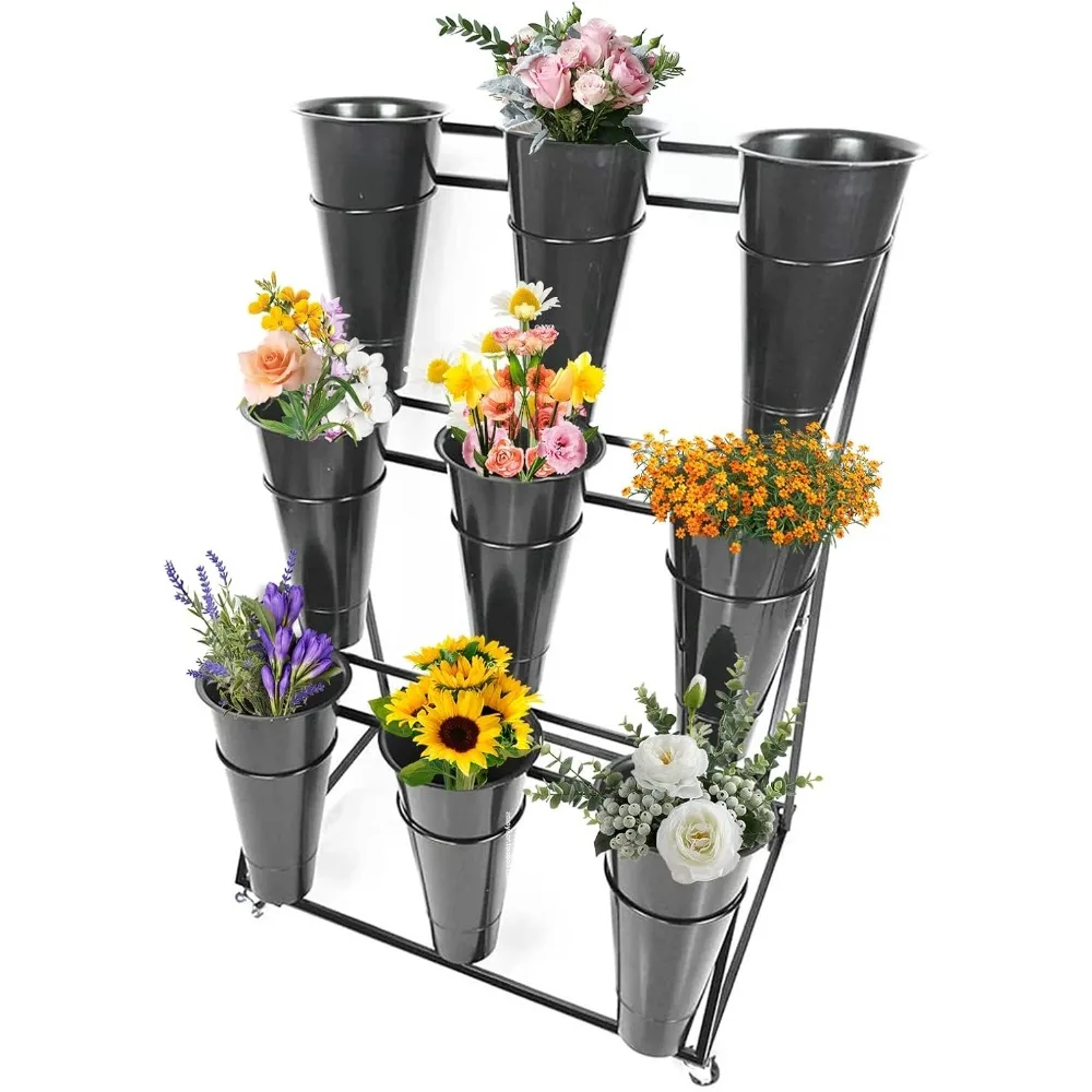 

Flower Display Stand, 3-Layer Heavy-Duty Mobile Plant Cart shelve with Wheels, with Plastic Buckets