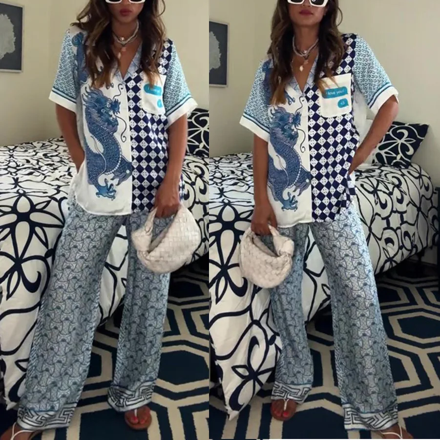 

Women Spring Summer New Short Sleeve Pocket Satin & Casual Loose Long Pants Two-Piece Suit Set