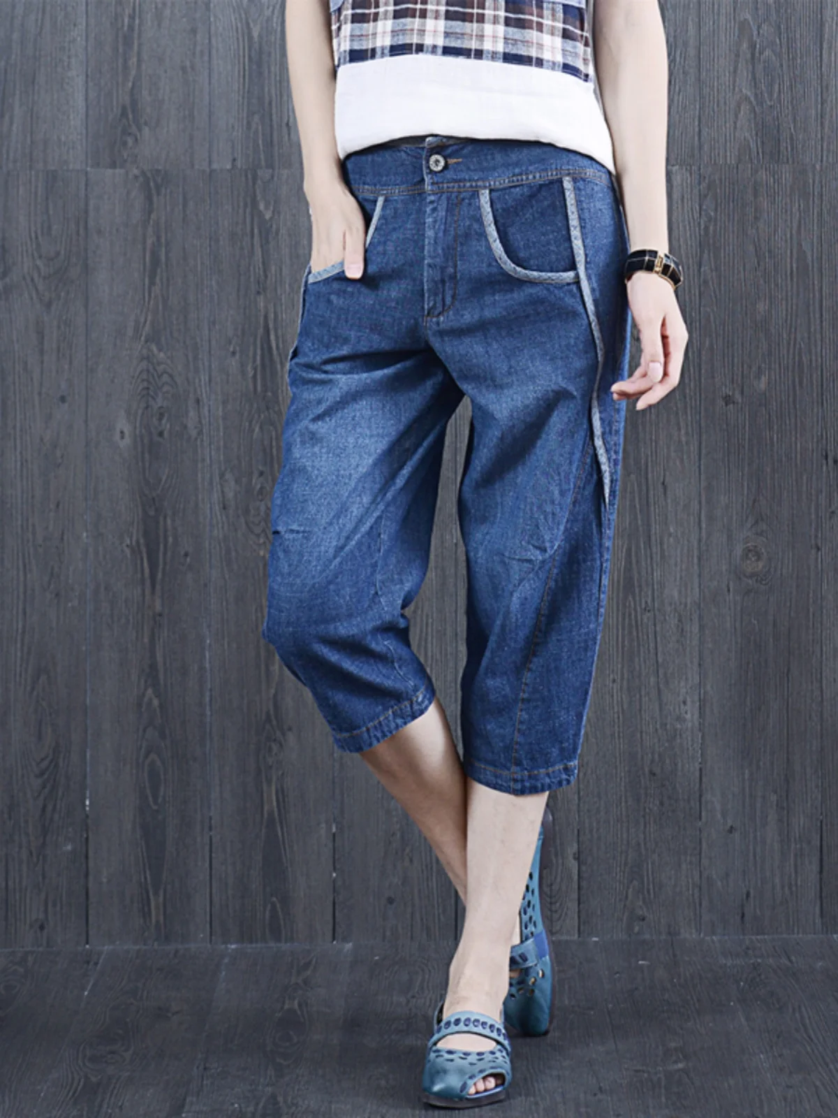 

Waed out Slimming 7/8 Length Jeans Loose Splicing Harlan Pants Women's Loose Fit Casual Trousers Light Blue Denim Jeans