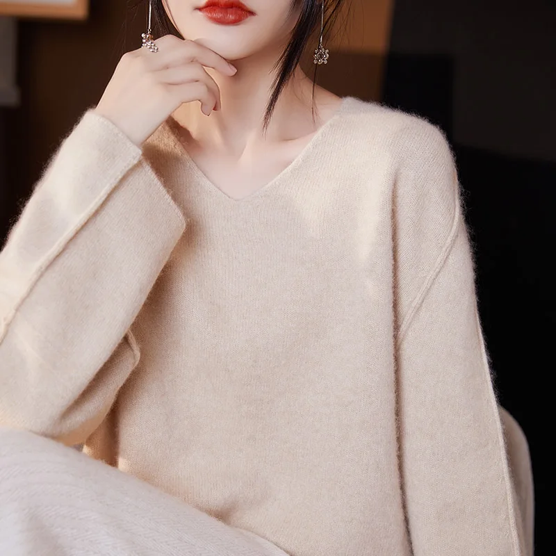 V-neck 100% wool sweater women's autumn and winter long sleeved knitted sweater loose and lazy style plus size cashmere sweater