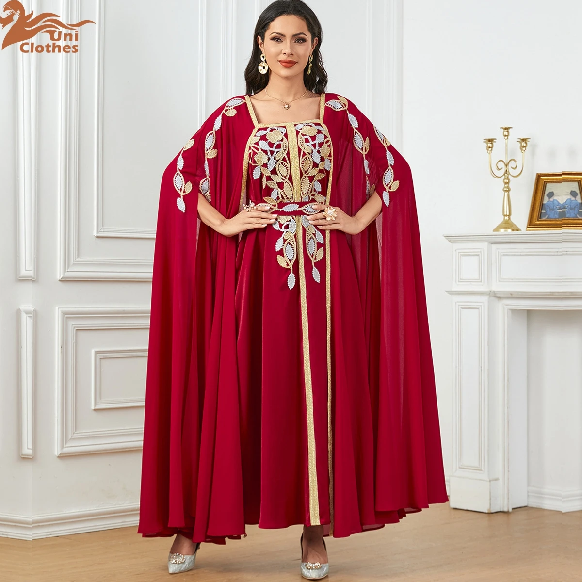 UNI Arab Dubai Super Full Sleeves Long Dress With Belt Muslim Woman Abaya Square Collar Loose Moroccan Saudi Appliques Robe