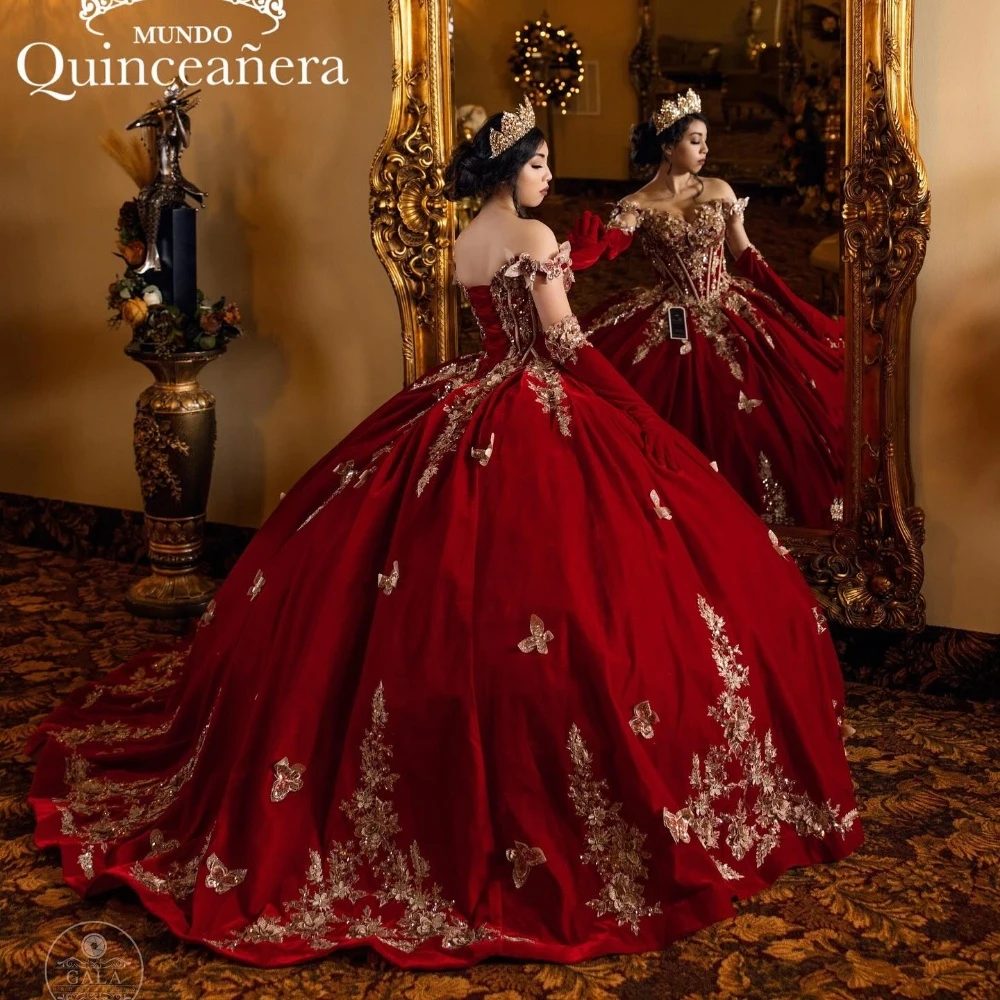 

Блестящее красное платье EVLAST Quinceanera, бальное платье, Золотая Кружевная аппликация, Мексиканский корсет, милое 16 платье 15 лет TQD987