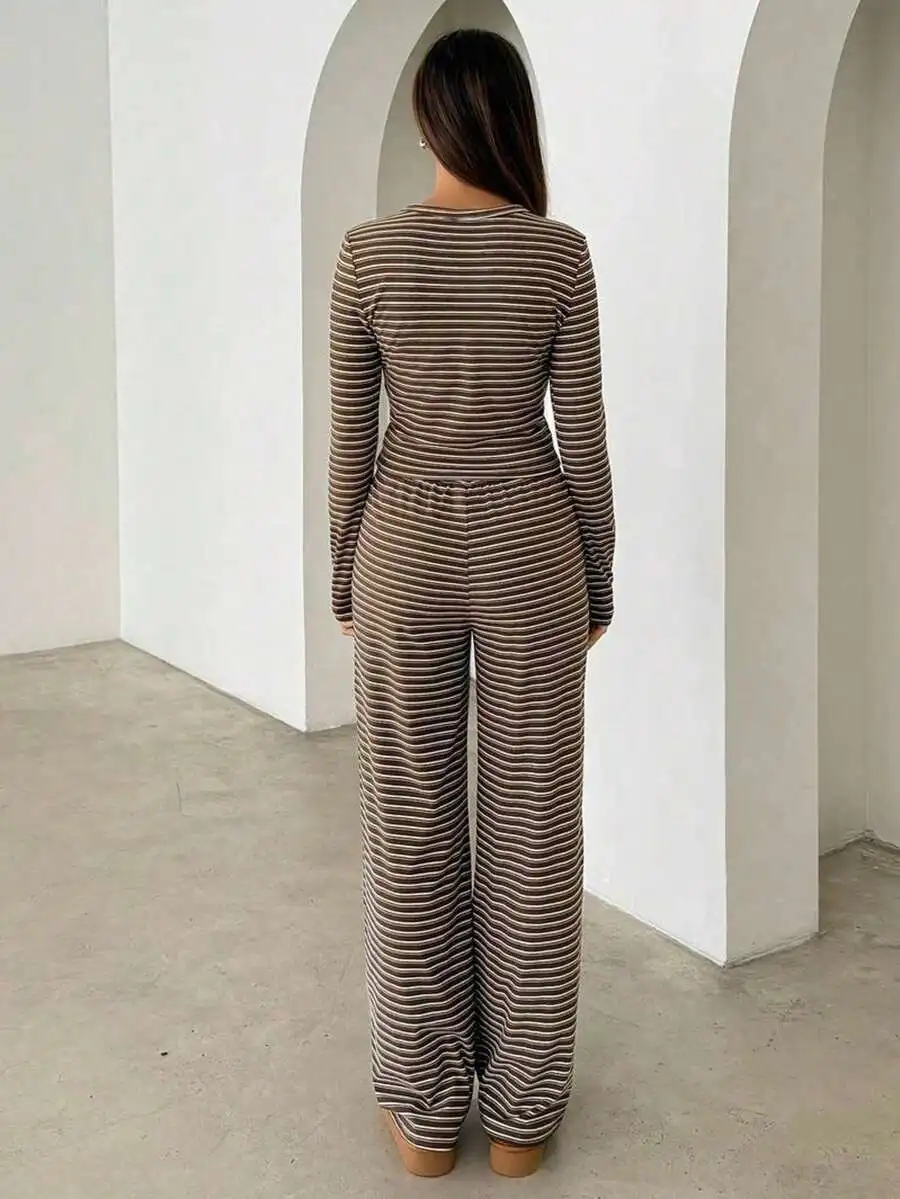 

Womens Striped Casual Loungewear Set With Long Sleeve Crew Neck Top And Loose Straight Leg Pants