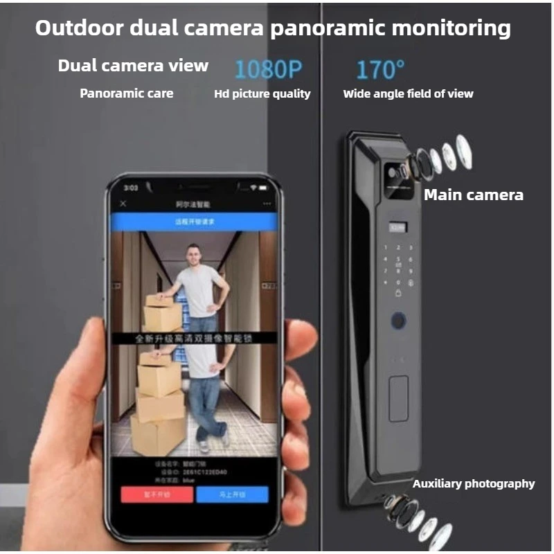 قفل باب ذكي للمنزل الجديد NFC ثلاثي الأبعاد للتعرف على الوجه، رمز رقمي وبصمة مفاتيح مع كاميرا تدعم وظيفة مكالمات الفيديو