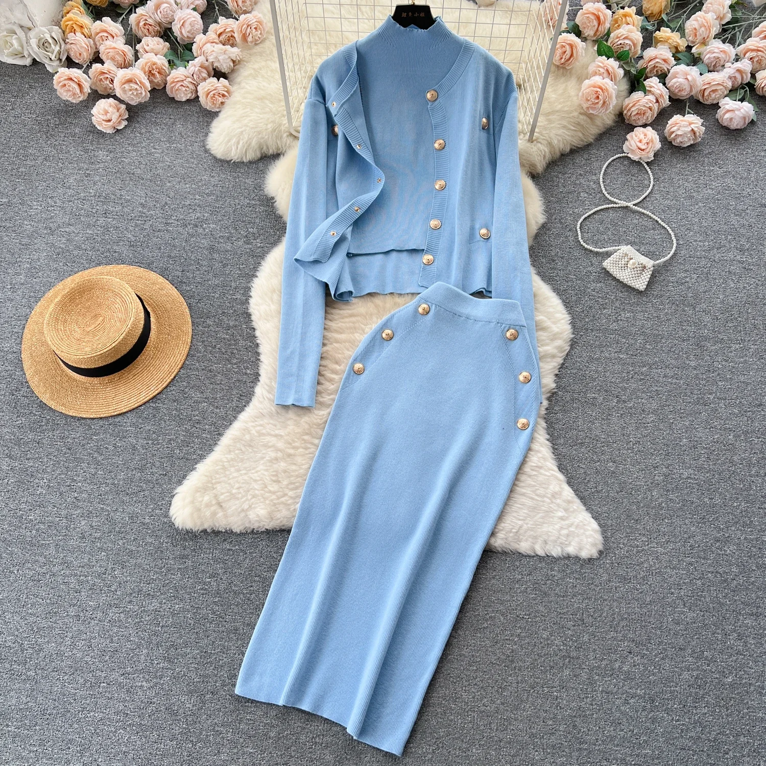 Chic Knit Three-piece Sets Sleeveless Straps Vest Loose Button Coat Vintage Basics Pencil Skirt Autumn Winter Women Clothing