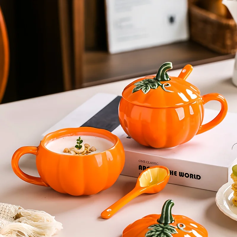 1 Pcs Halloween Gift Cute Ceramic Pumpkin Mug With Lid And Spoon Espresso Latte Americano Italian Coffee Glass Afternoon Teacup