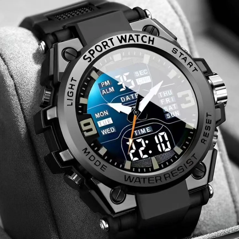 Novo high-end de luxo masculino e jovens estudantes quartzo eletrônico duplo movimento à prova dwaterproof água luz noturna multifuncional liga aço