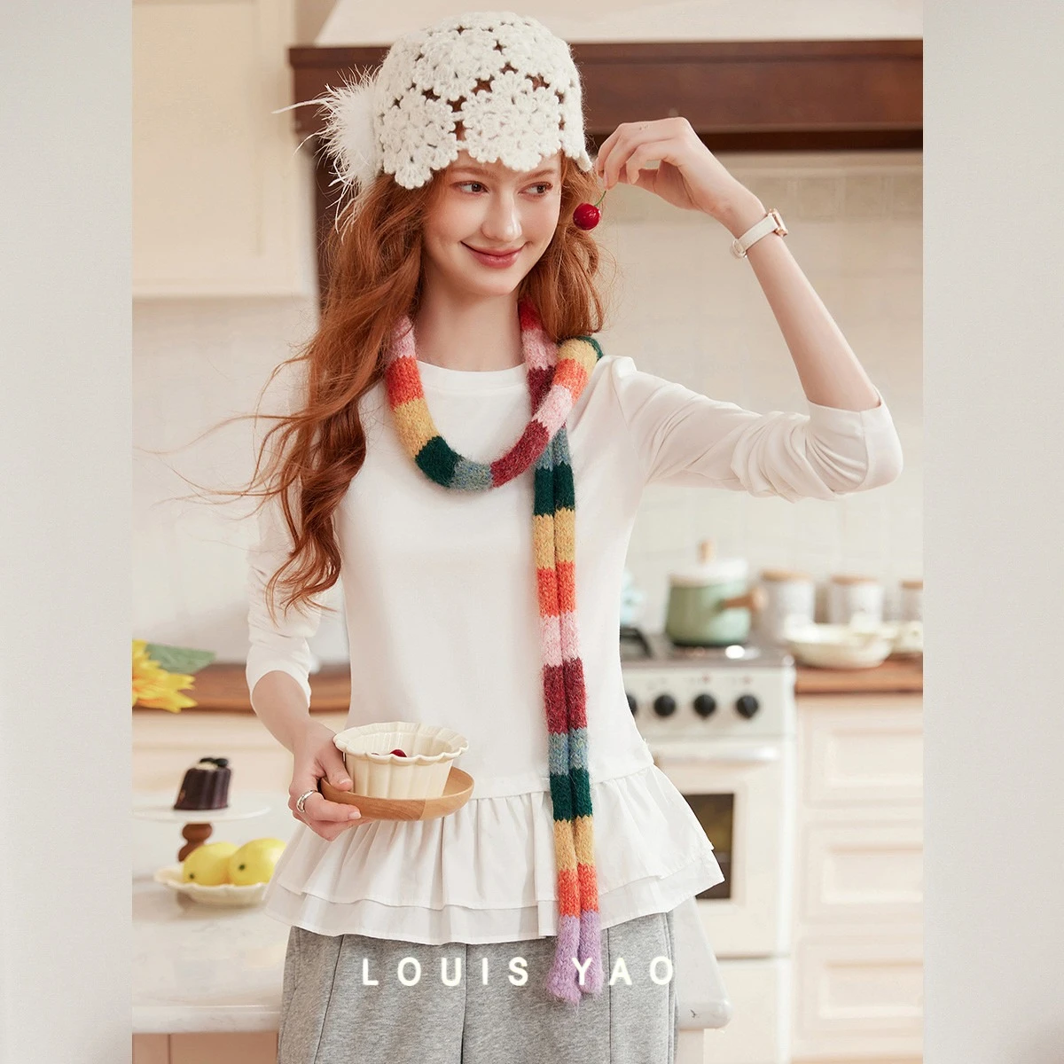 

LOUIS YAO Sweet Double Layered Ruffle Edge Long Sleeve Shirts 2025 Autumn Fashionable Micro Elastic Round Neck Women's T-shirt