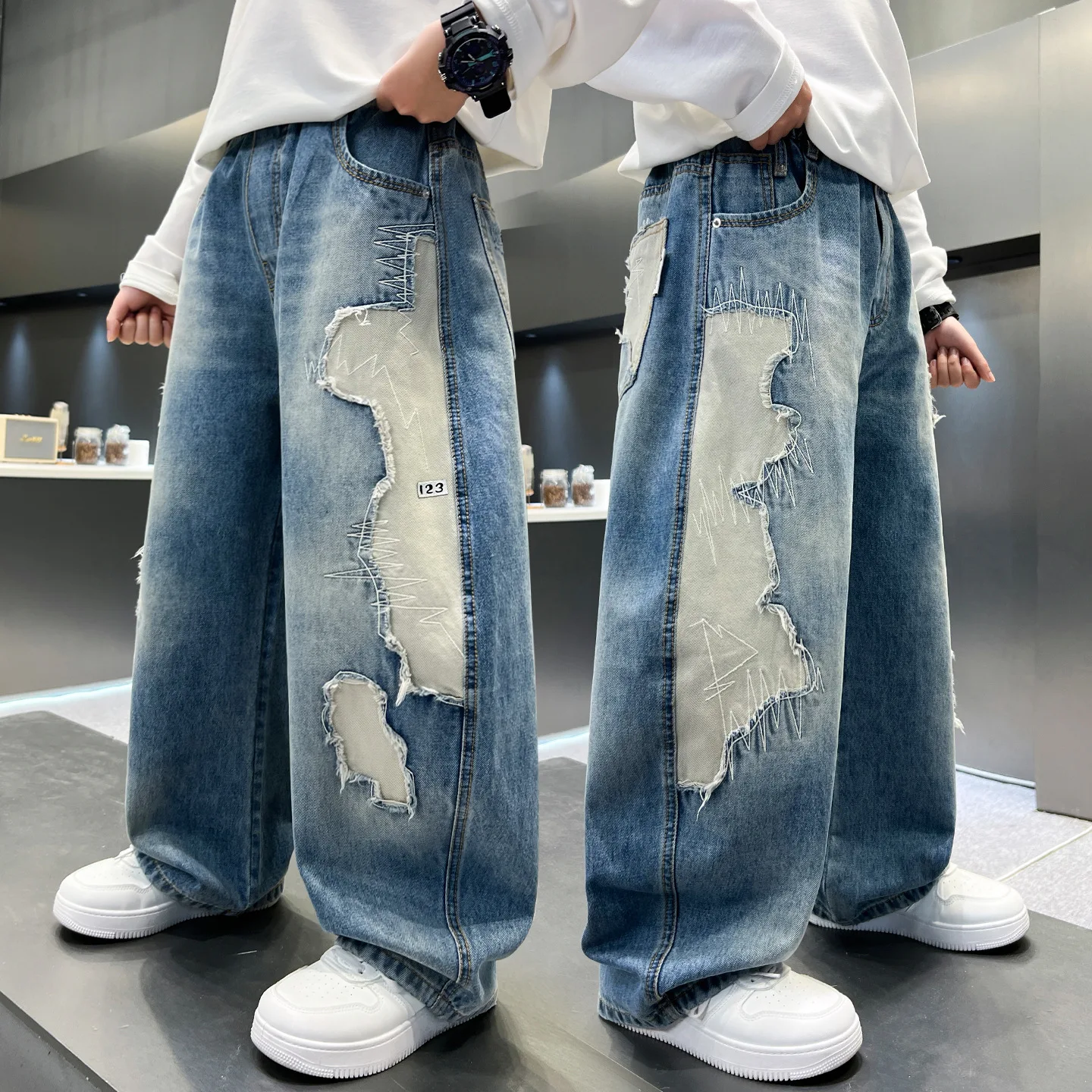 Children's Handsome Straight Jeans with Patch Design for Boys Loose Wide-leg Pants Kids Spring Autumn Stylish Trendy Trousers