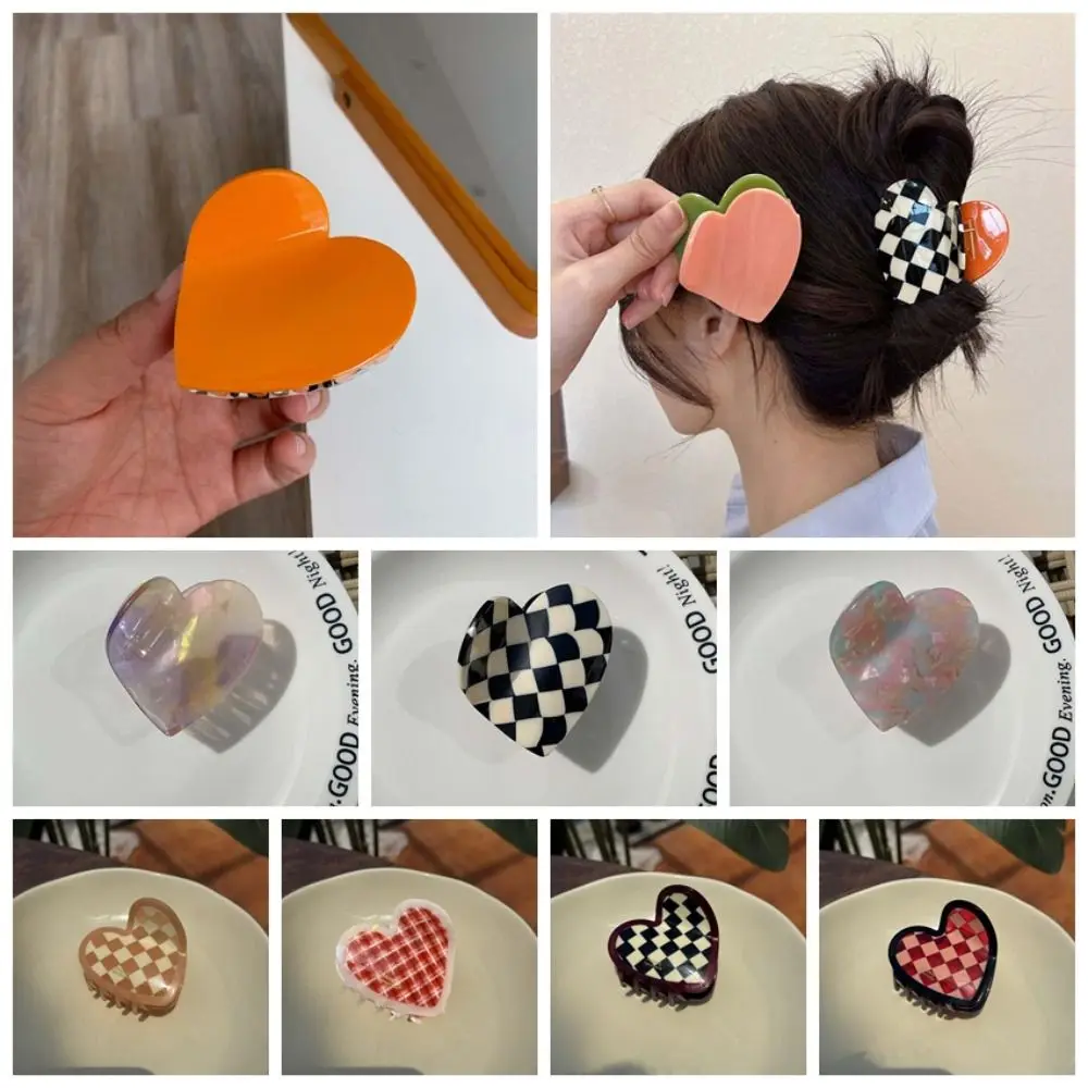 

Fashion Elegant Heart Shark Clip Acrylic Solid Color Acetic Acid Hair Claw Hairgrips Contrast Color Plaid Hair Claw School