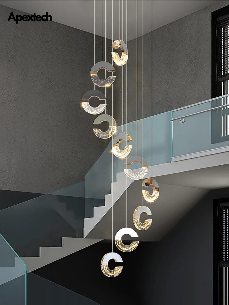 

High-end Stairwell LED Chandelier Modern Luxury Crystal Lampshade Long Cord Pendant Light Villa Stair Hall Lighting