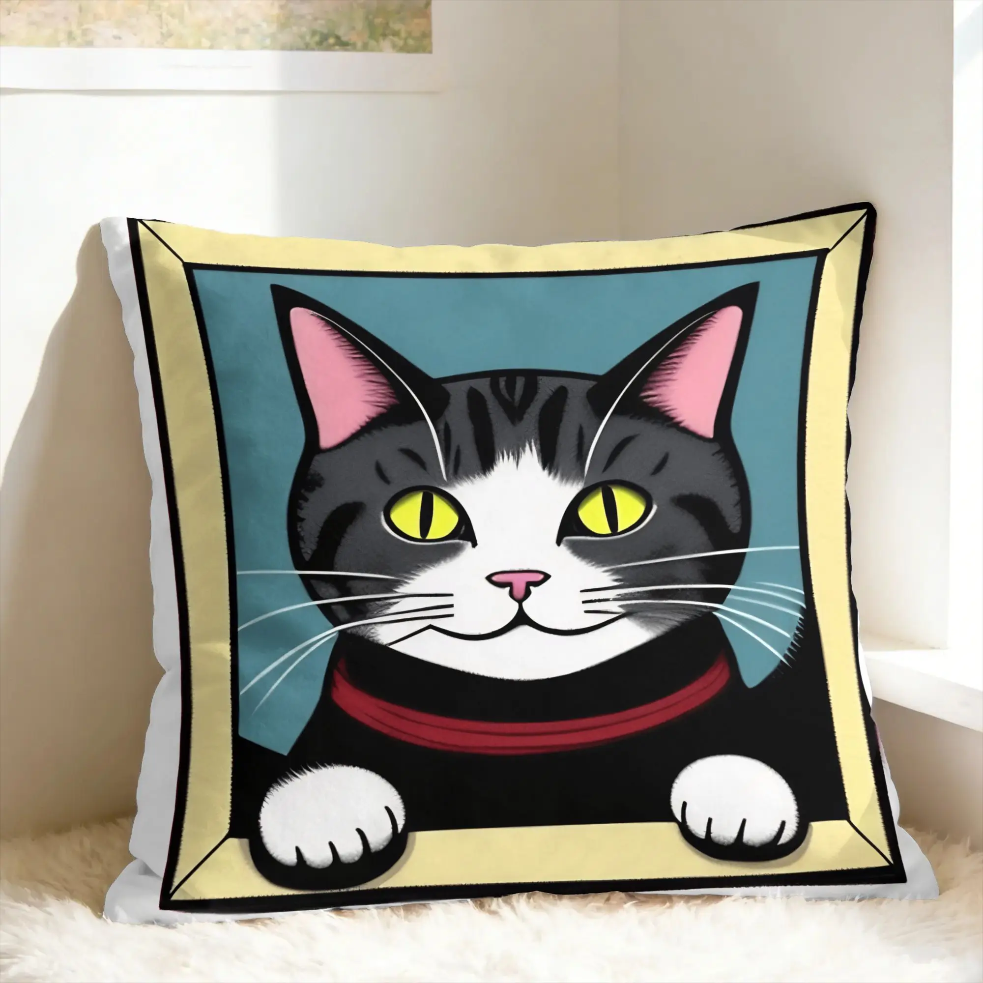 Cute Caroon Cat Portrait Photo Frame Art Pillow Case  Soft Pillow Cover Novelty Cushion Cover For Couch Sofa Bedroom