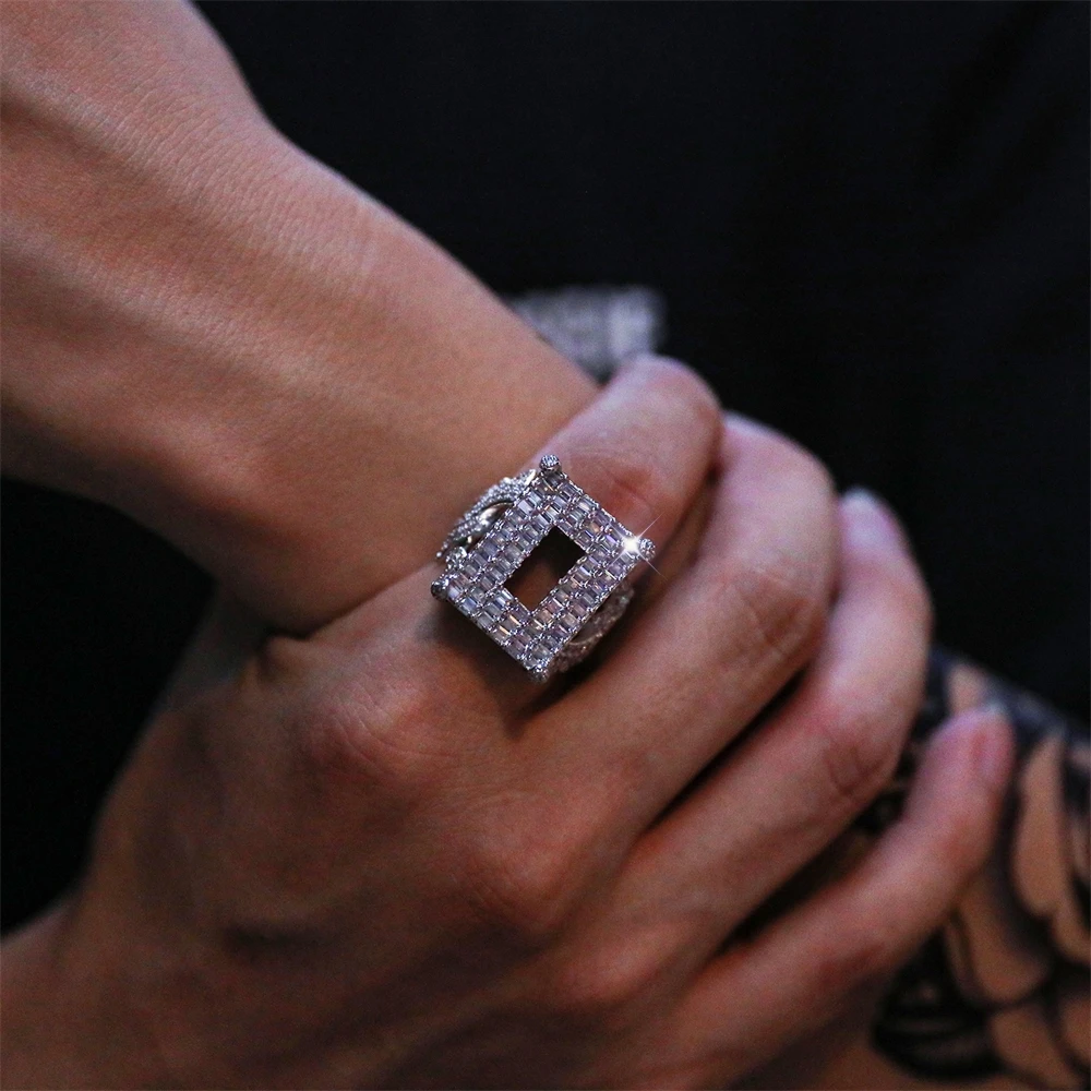 Hip Hop Iced Out AAA Cubic Zirconia Hollow Square Ring For Men Punk Style Cool Luxury Ring Rapper Charm Jewelry Gifts