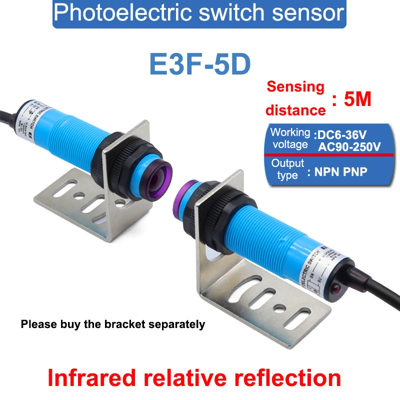 E3F-5D M18 Detection Distance 5m Infrared Relative Reflection Laser Beam Photoelectric Sensor Switch DC6-36V AC90-250V NPN/PNP