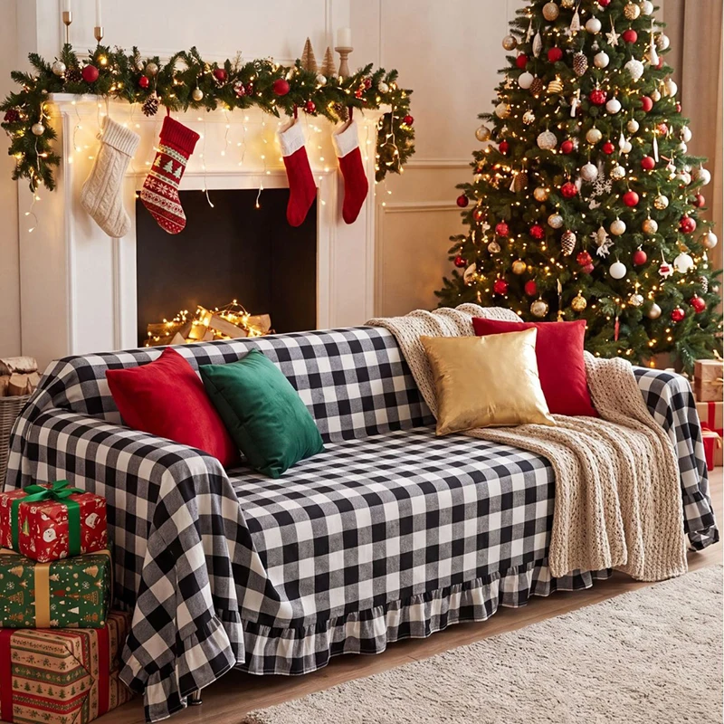 Christmas Buffalo Plaid Ruffle Couch Cover 3 Seater Sofa Couch Cover for Xmas Home Decoration Dogs Cats Protector Cushion Covers