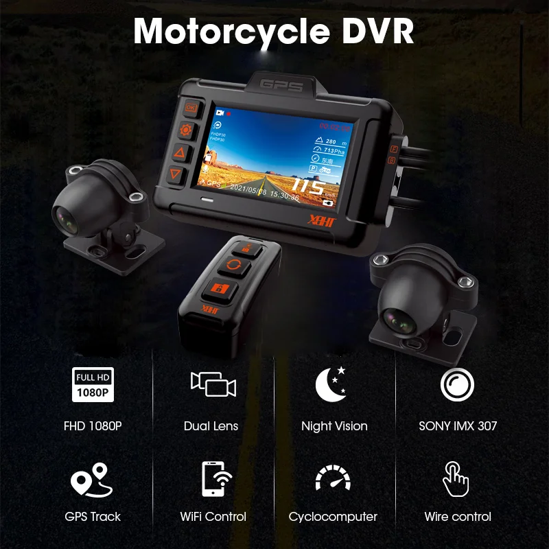 Motorcycle Video Recorder Waterproof Motorcycle Driving GPS Recorder Rear View Driving Monitoring WiFi Night Vision Dual 1080P