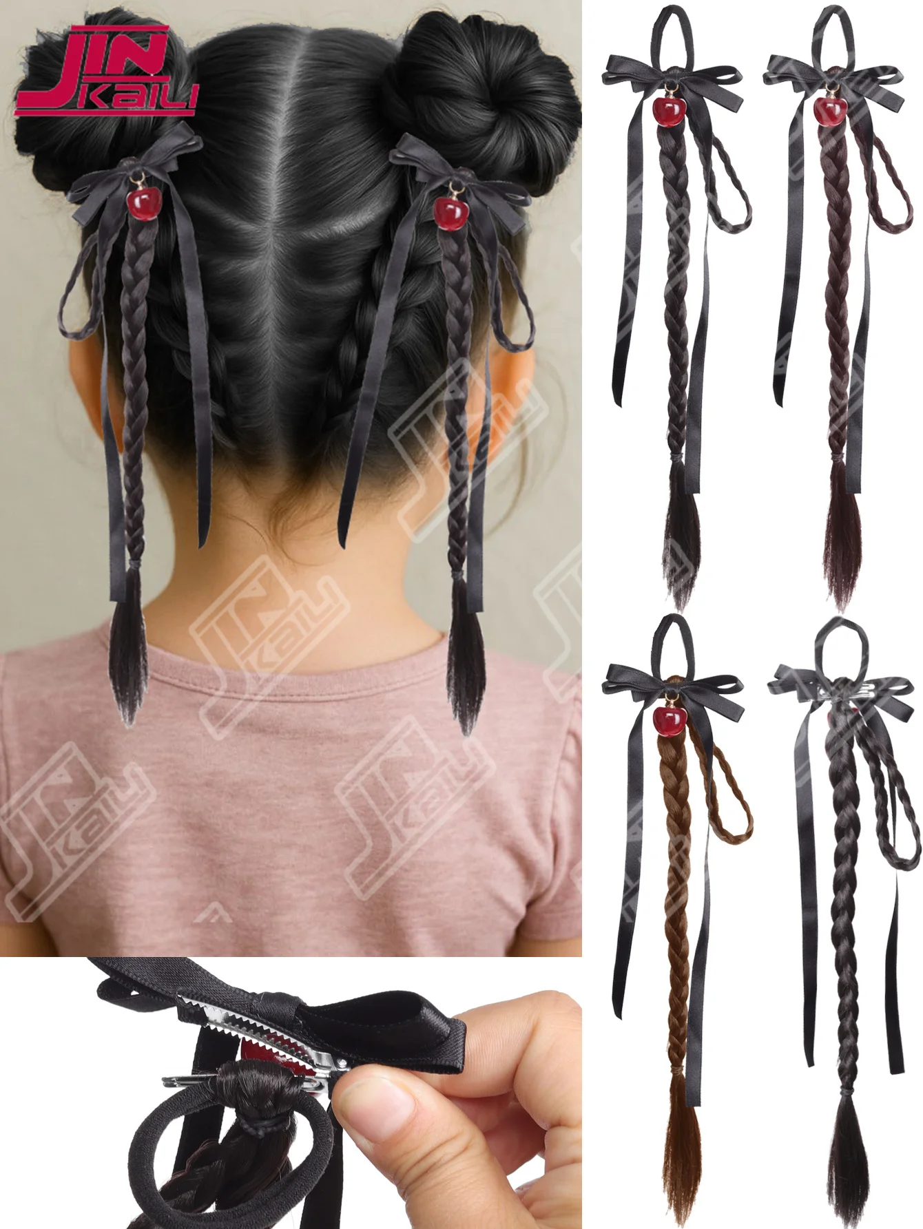 

JKLSynthetic Long ponytail cherry On Bow BraidPonytail Hair Extensions Heat Resistant Pony Tail Hair piece For Women Daily Party