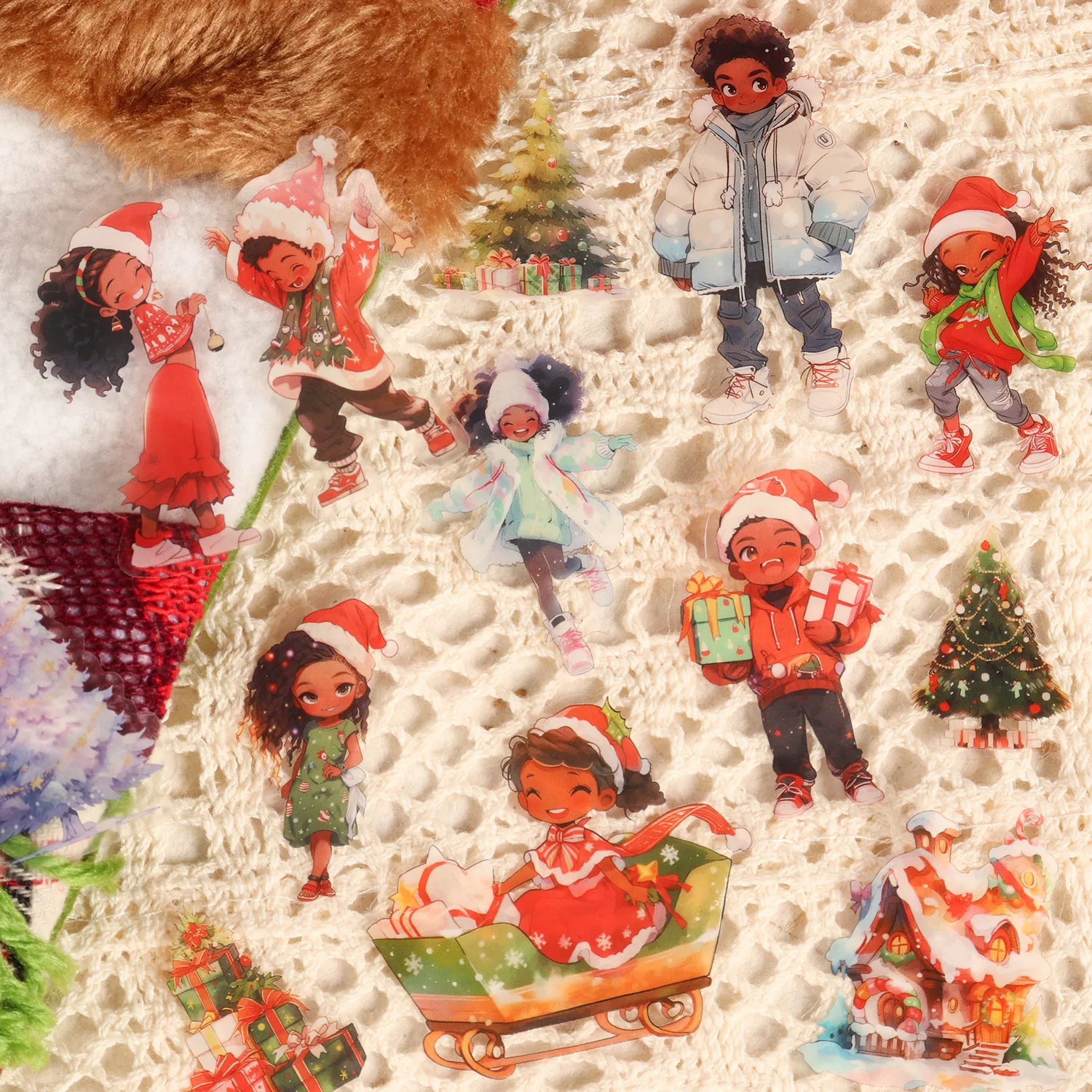 64 Stück Kunstdruckpapier und PET Weihnachtsfeier transparente Dekoration selbstklebende Aufkleber, für Scrapbooking-Zubehör, DIY-Handwerk – Detail 1