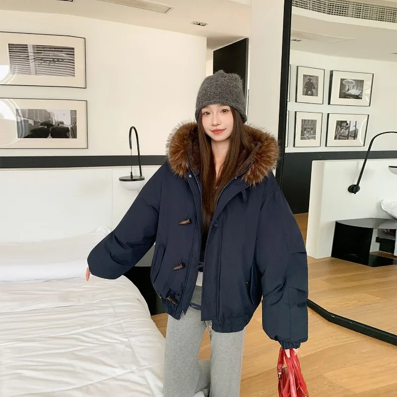 

Warm Down Jacket Ladies Overcome Winter 2025 New Cotton Padded Coat Women Parkas Hooded Outcoat Big Collar Overcoat E12728