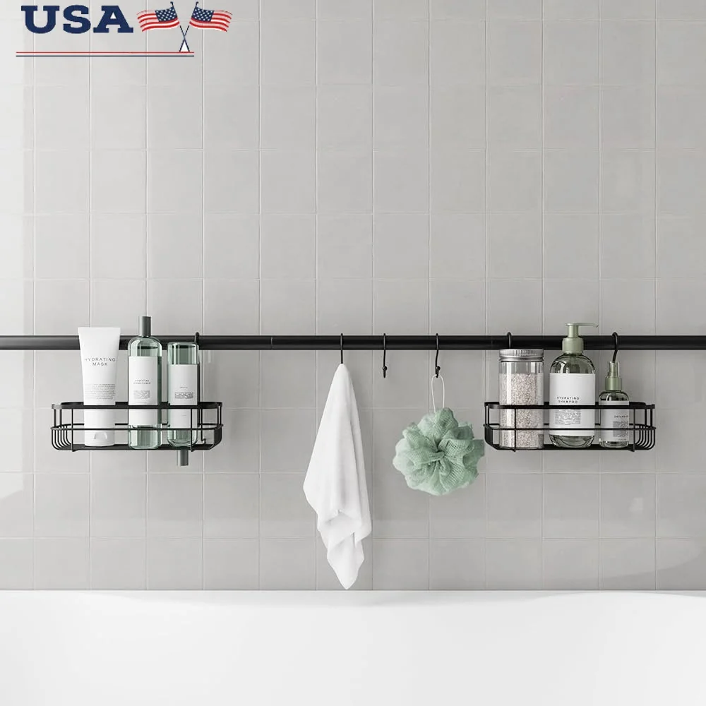 

Adjustable Bathroom Shower Caddy Tension Pole Organizer with 2 Baskets and 3 Hooks Space Saving Storage Solution