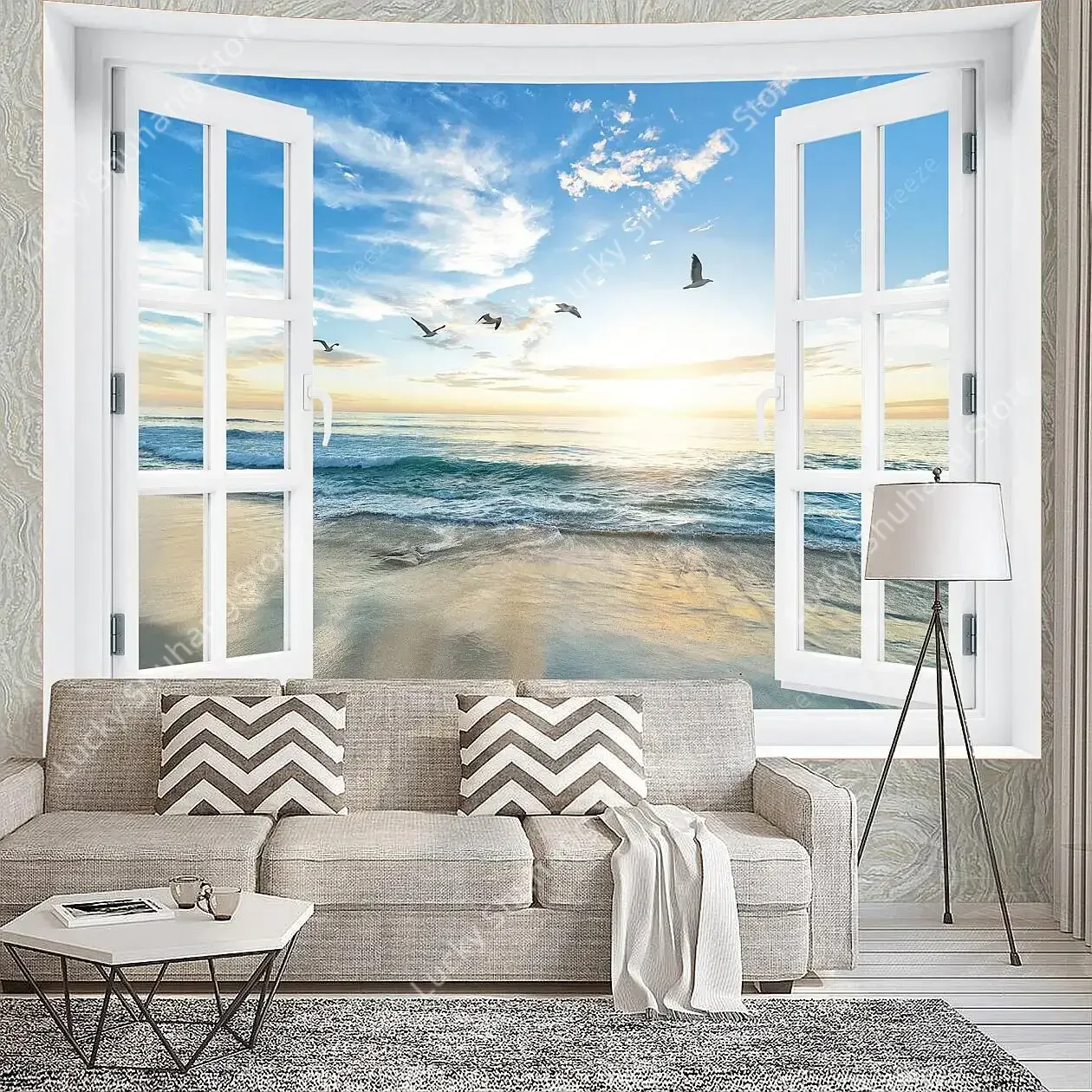 Nachahmung 3D Fenster Landschaft Tapisserie Wandbehang Sonnenschein Strand Mondschein Nacht Wandteppich Kunst Wohnkultur Vorhang Decke