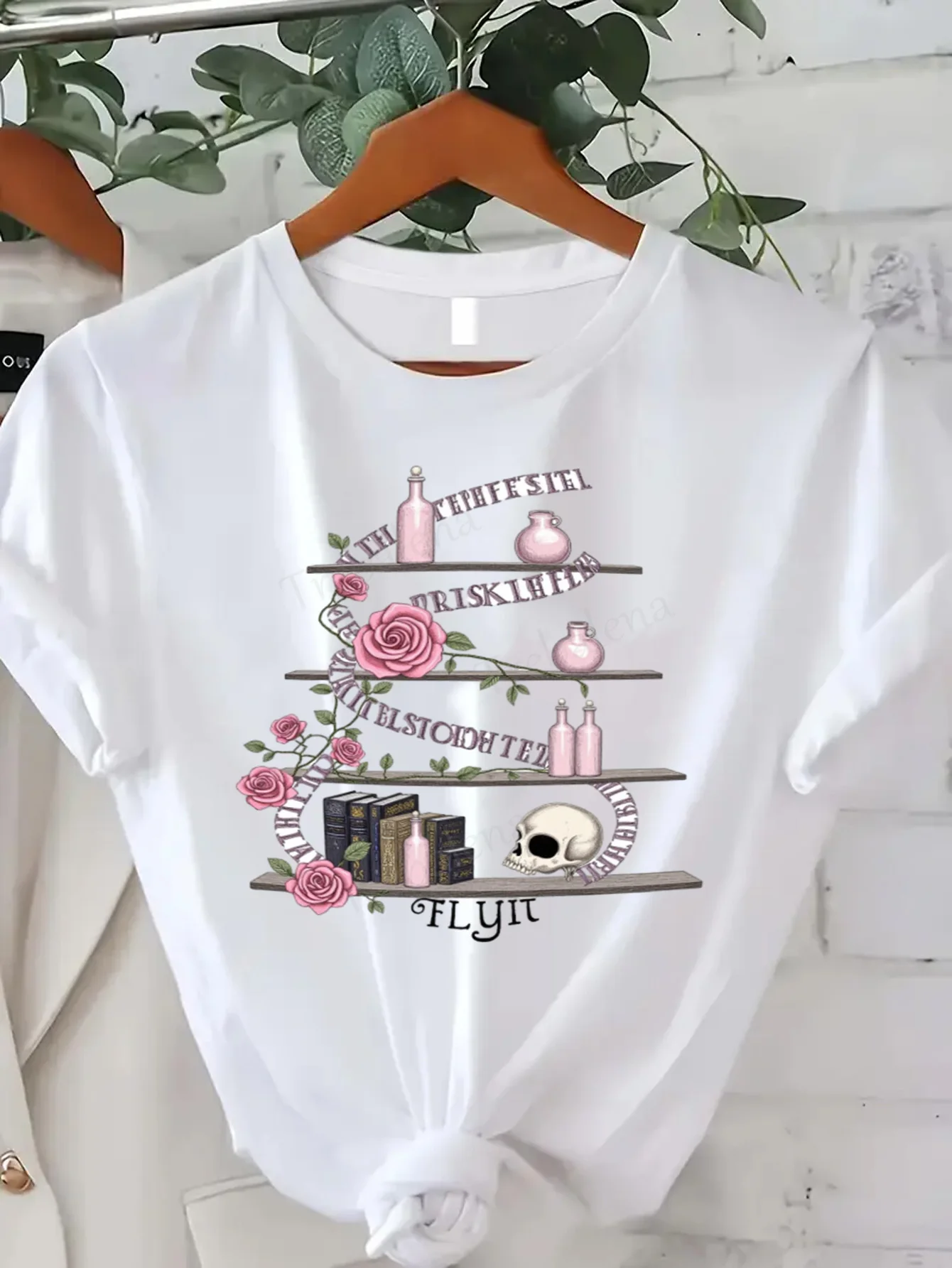 Round Neck T-shirt Gothic Rose Shelf T-Shirt Women's Plus Size Vintage Witchy Style Short Sleeve Tee Fashion Casual Top