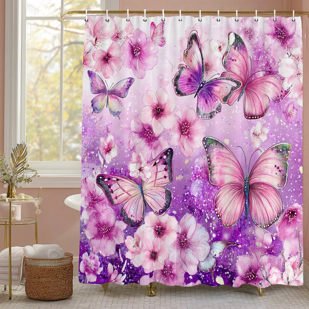 Pink Colour Floral Plant Butterflies Shower Curtain, Bathroom Decorative Shower Curtain, Waterproof Shower Curtain with Hooks