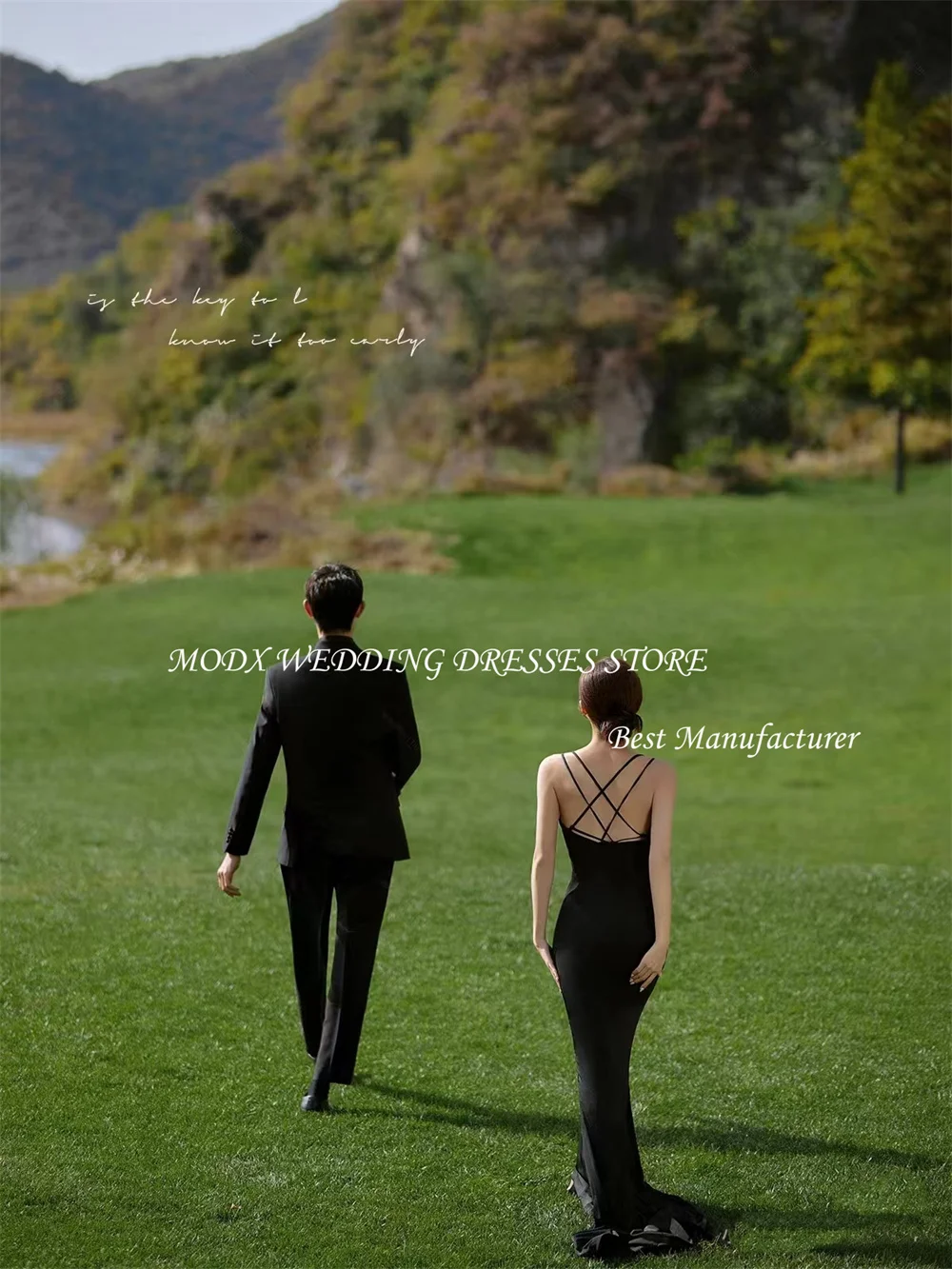 MODX فساتين زفاف كورية بسيطة بحورية البحر باللون الأسود لالتقاط الصور من الساتان وحزام سباغيتي على شكل حرف v بطول الأرض بدون ظهر على شكل جسر #2