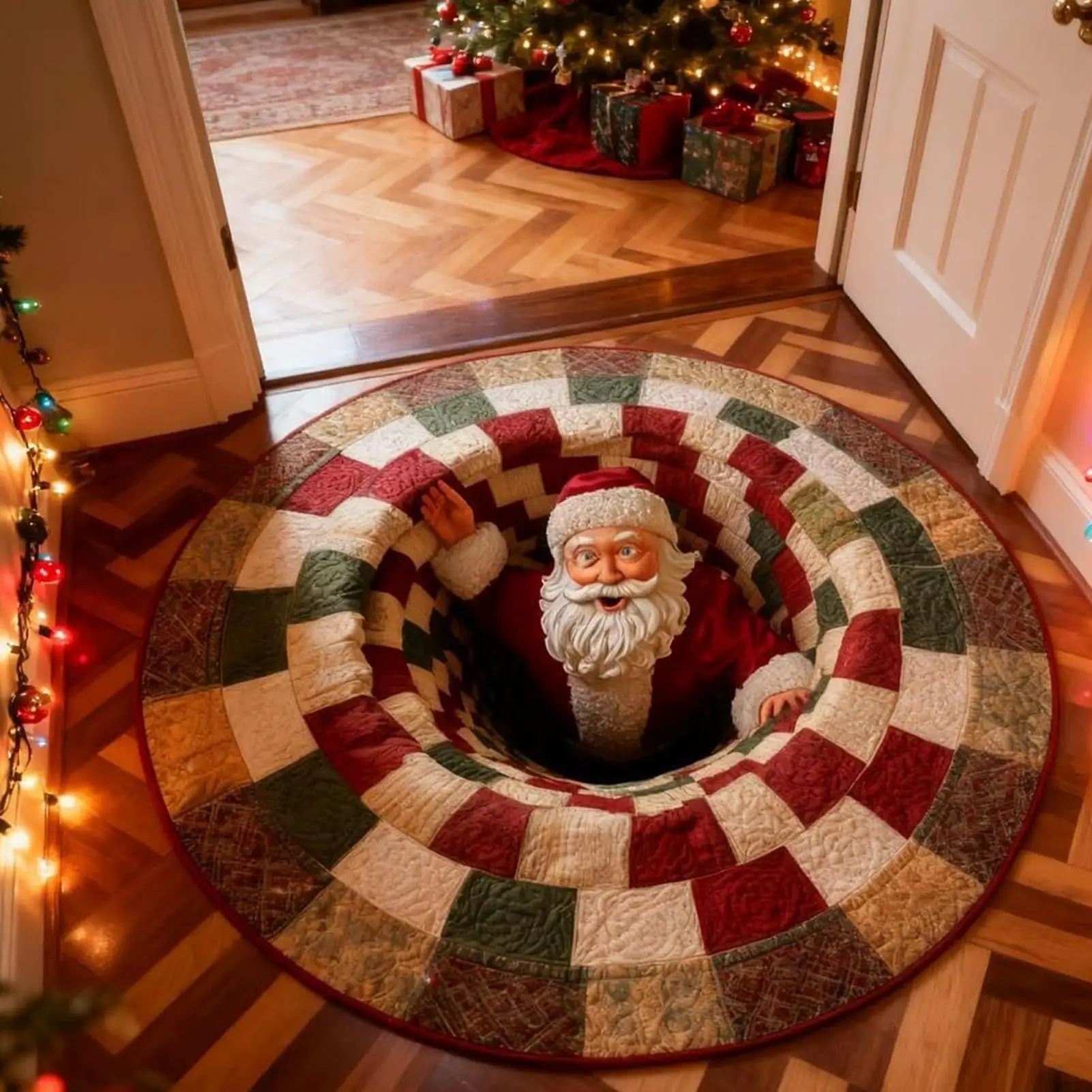 

Christmas Santa Claus Doormat Red Hat Circular Carpet Anti Fouling Anti Slip Bottom Retro Perfect Choice For Holiday Home Decor