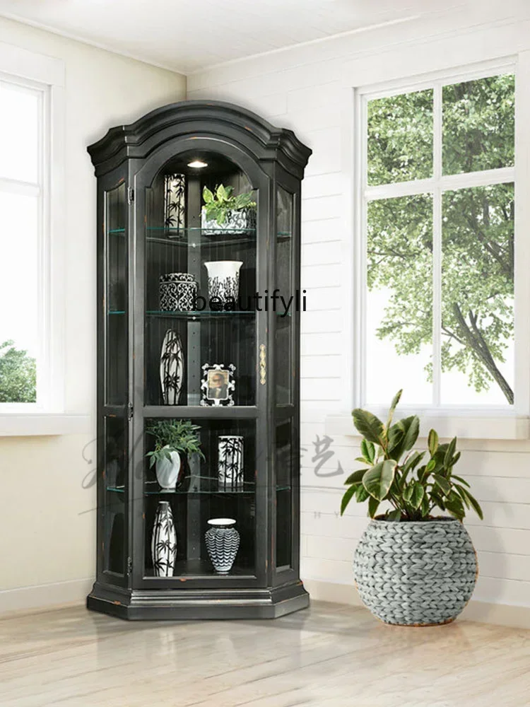 

2003Французский винтажный винный шкаф из массива дерева, угловой стеклянный шкаф для гостиной, американский сервант для хранения вещей