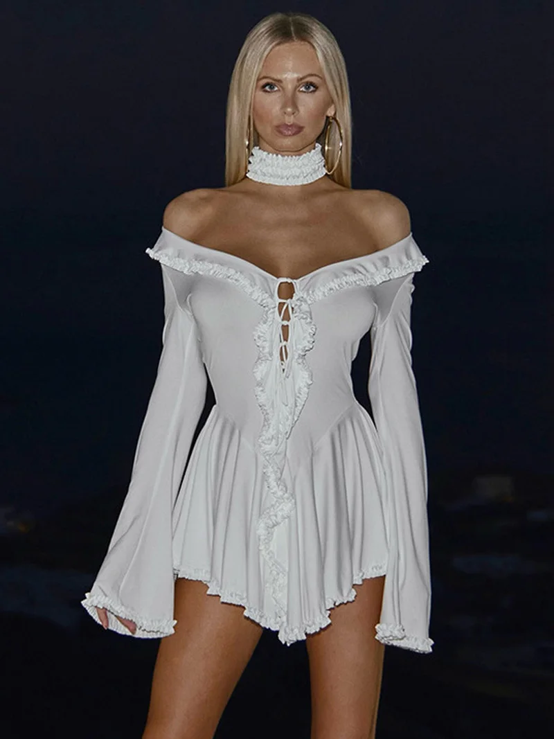 

DGLUKE Off Shoulder Long Sleeve Mini Dress Women V-Neck Lace-Up Frilly Asymmetrical Dress Sexy White Party Dress