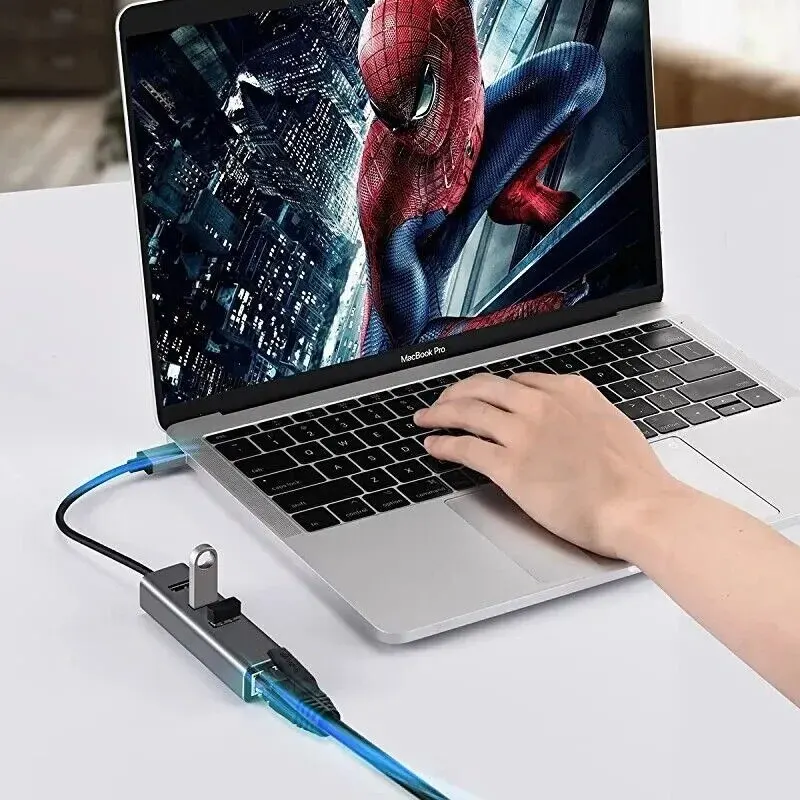 USB 3.0 Gigabit Ethernet LAN RJ45 1000Mbps Network Adapter 4 Port Hub Wired External High Speed Aluminum Alloy PC Mac Windows