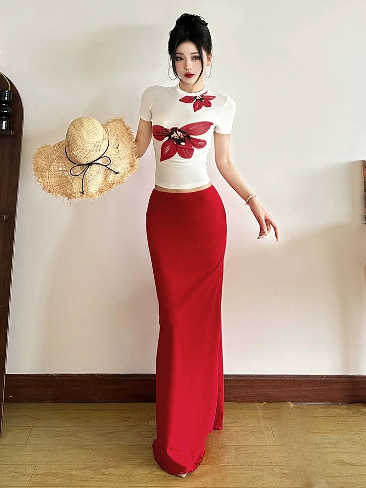Tropical Style Women's Fashion Red Flower Printed White T-shirt and Bodycon Midi Skirt Suits Slim  Matching Two Pieces Sets