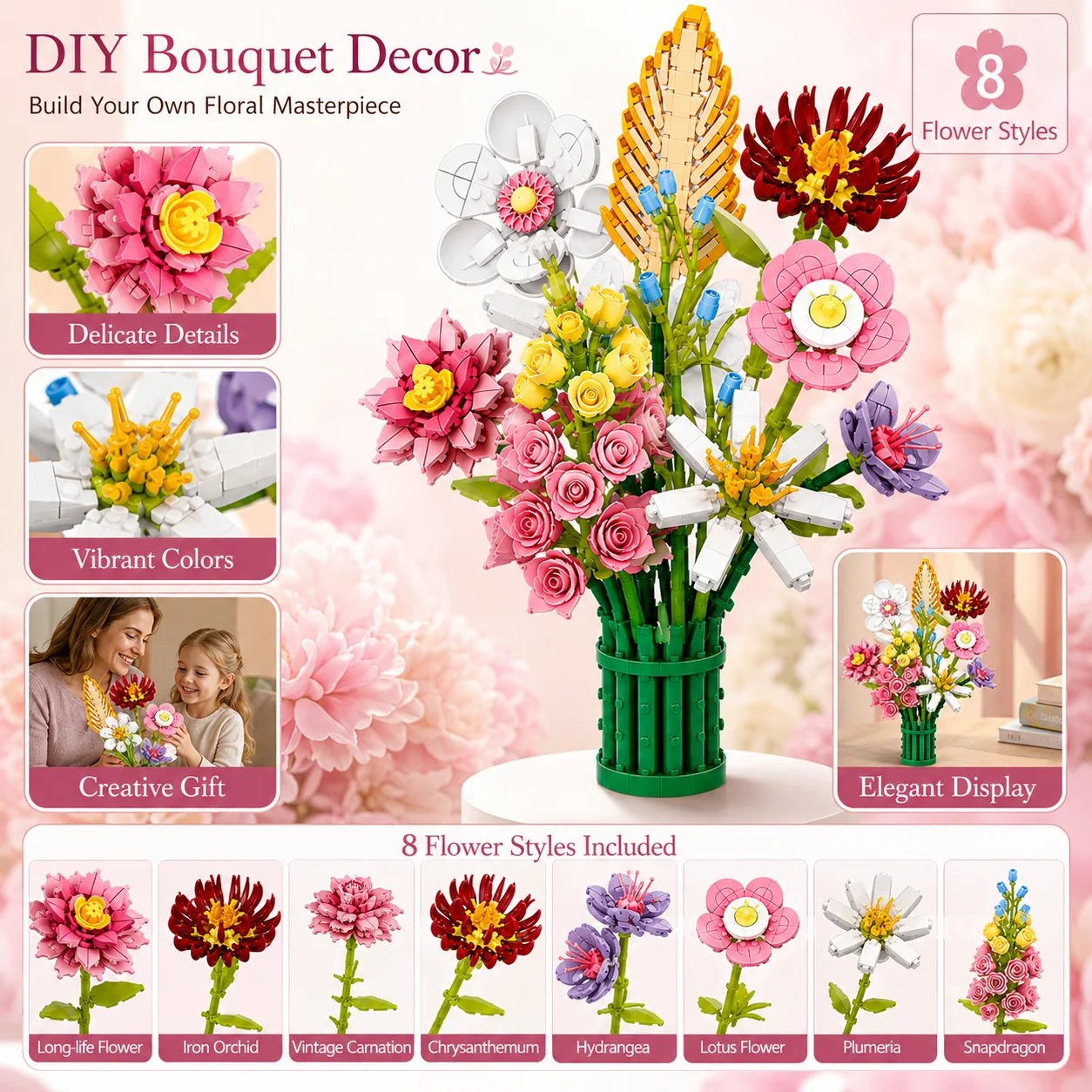 

Colorful Flower Bouquet Building Blocks Set Floral Vase Arrangement Model Home Decor Toy Gift for Kids Adults English Version