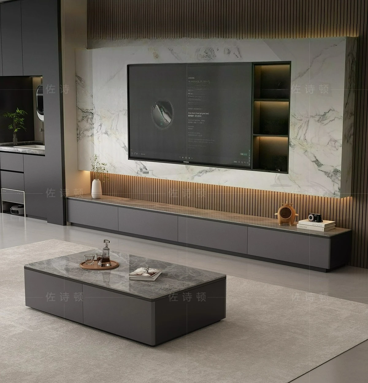 LTT Italian TV cabinet living room floor-to-ceiling household slate storage cabinet integrated coffee table combination