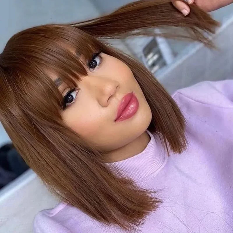 Short Bob Wig with Bangs for Black Women Medium Brown Human Hair Glueless