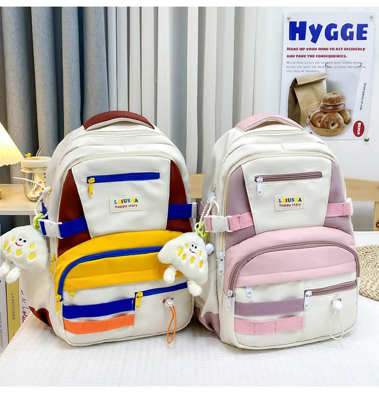 Mochila de nylon impermeável para meninas com bloqueio de cores, mochila escolar jovem de estudante de grande capacidade, mochila de viagem