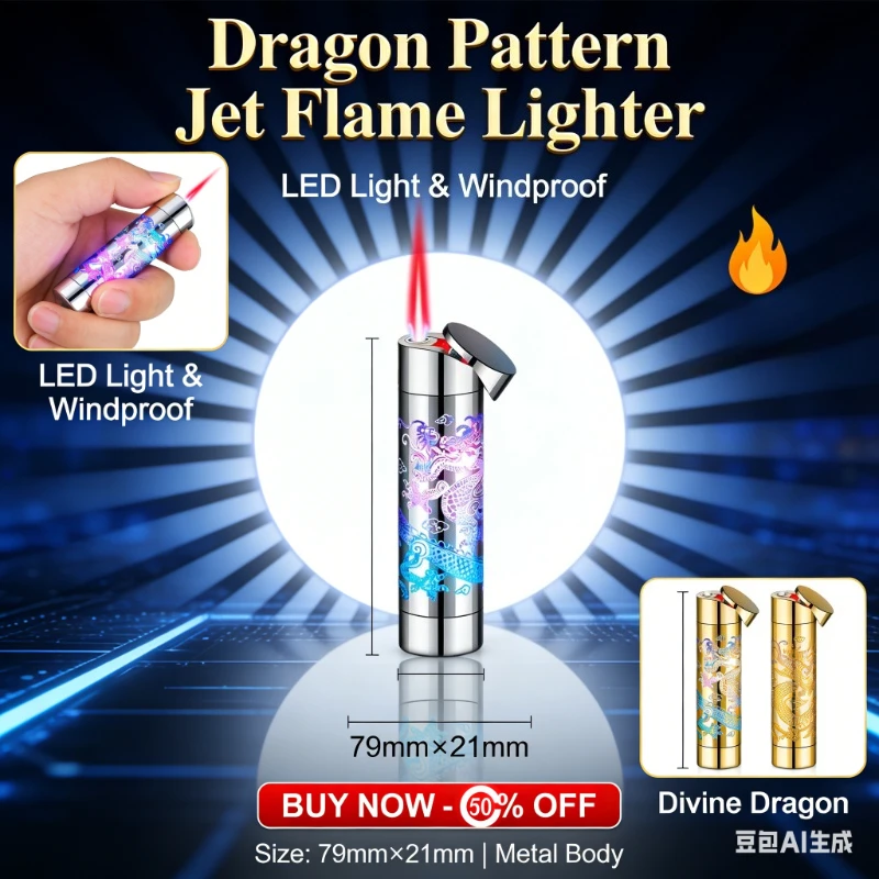 

Dragon-Patterned Windproof Lighter - Jet Pink Flame Refillable Gas, Portable Cigarette Accessory & Trendy Gift for Men and Women