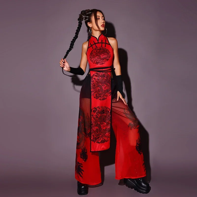 Women Chinese Style Jazz Performance Outfit Red Kpop Clothes Nightclub Bar Dj Singer Stage Wear Sexy Gogo Dance Costume