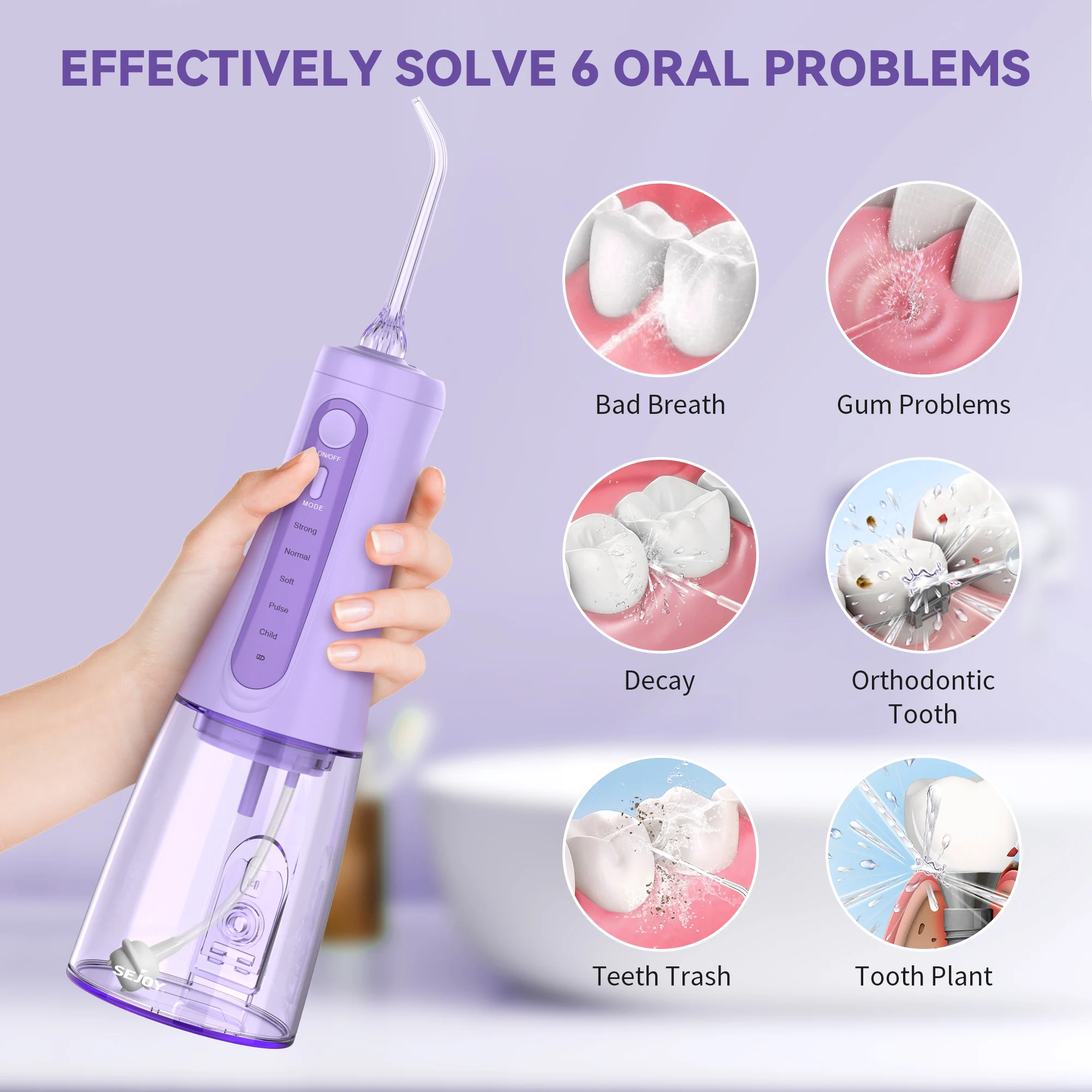 Dental Water Flosser Teeth Pick Oral Irrigator 5 Modes 6 Replaceable Jet Tips 350ml Tank for Teeth Cleaning,Purple