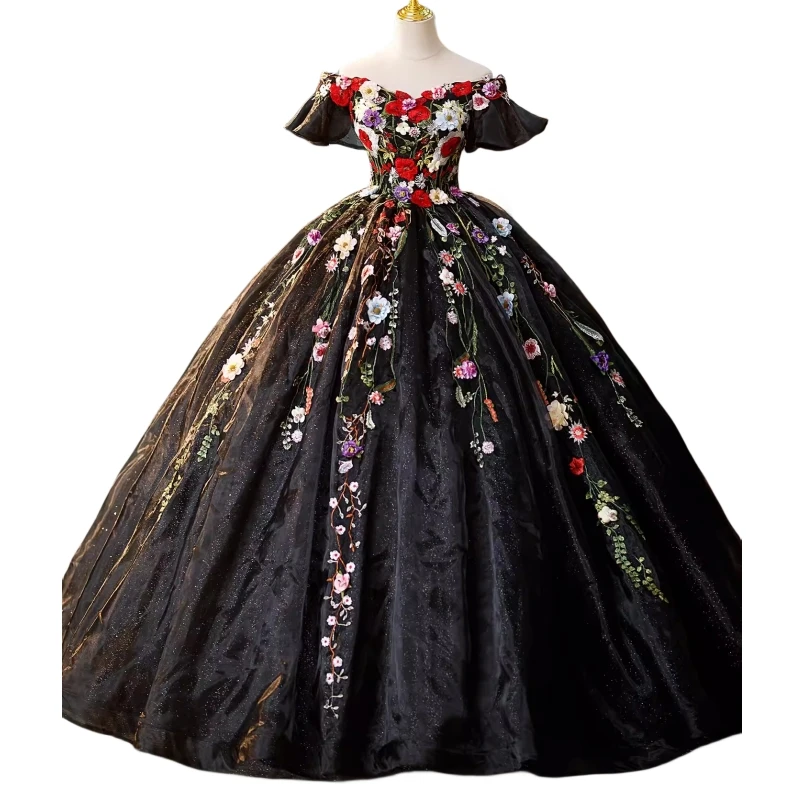 Vestidos de quinceañera negros góticos con imagen Real, sin hombros, apliques de flores con cordones, dulce 15 16, vestido de fiesta de cumpleaños de Graduación