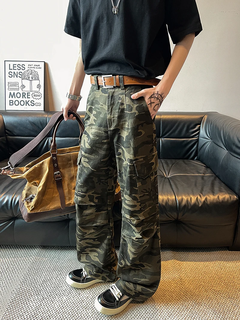 Amerikanische Retro-Camouflage-Arbeitshose für Herren, mehrere Ketten, lockere Jeans mit weitem Bein, lange Hose, Jugend-Freizeitkleidung, Sommer