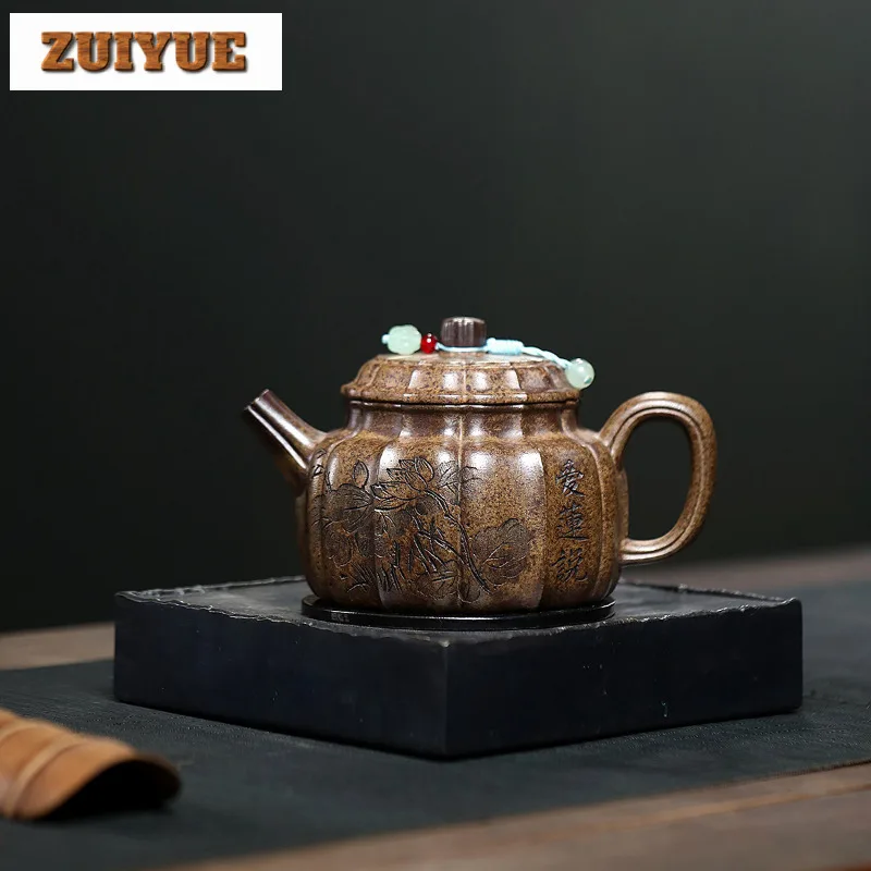 

310 мл антикварные чайники из фиолетовой глины Исин, горшок ручной работы в рубчик де Чжун, сырая руда, чайник из агилаву, грязевой чайник, китайский чайный сервиз Zisha