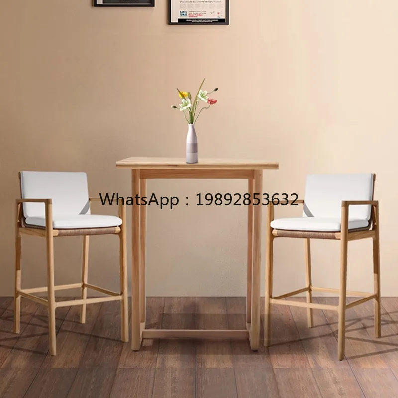 YFY Outdoor Solid Wood Bar Chair Villa Hotel Terrace Rattan Table and Chair High Stool Bar Teak Bar Counter