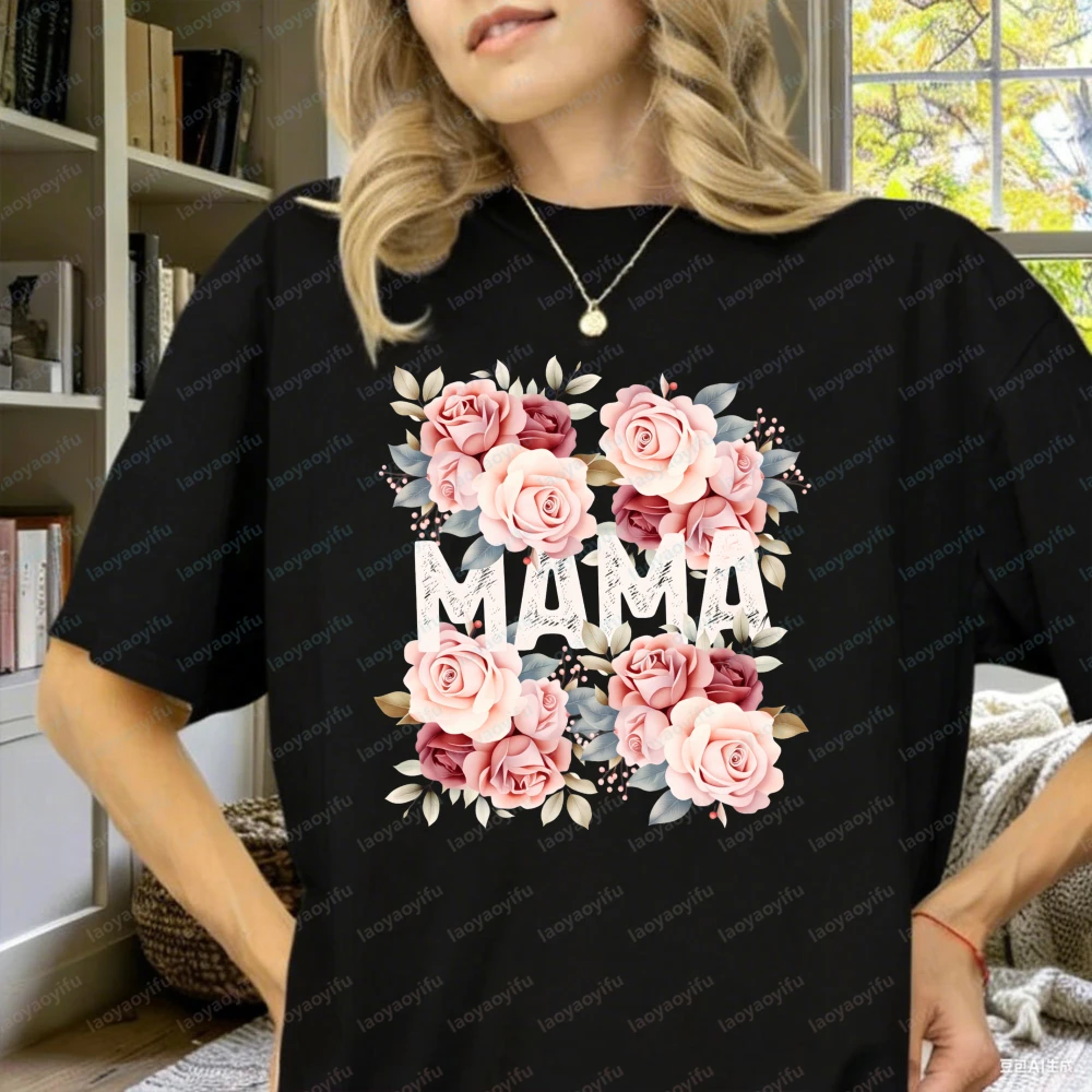 

Luxe Rose Bouquet & Distressed "MAMA" Print Skin-friendly A Refined Choice for Celebrating Mom & Elegant Casual Outings Tops Tee